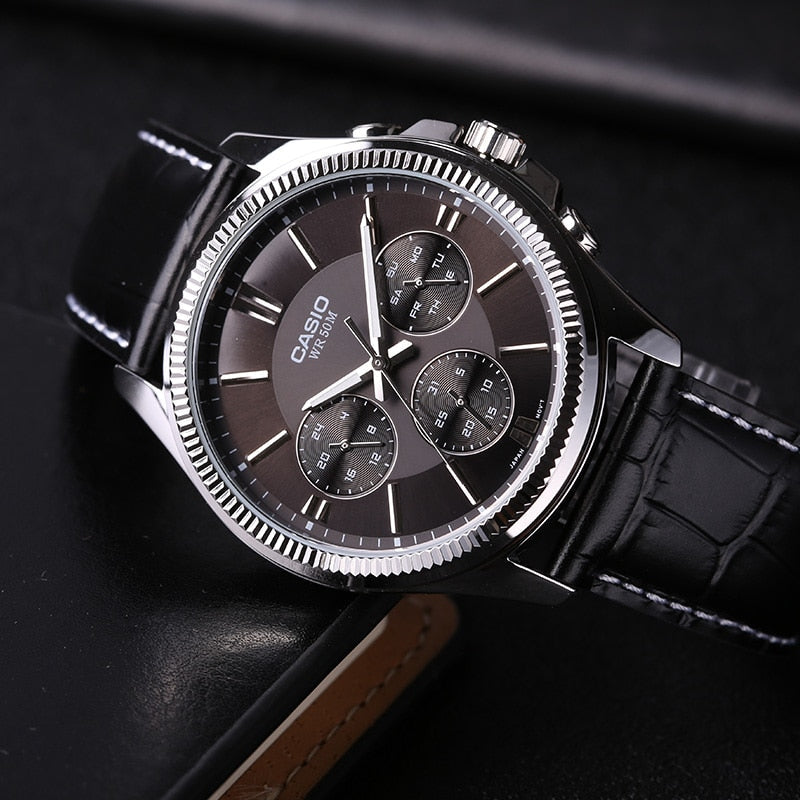 Timeless Elegance Men's IP Silver Watch, Leather Strap | MTP-1375L-1AVDF