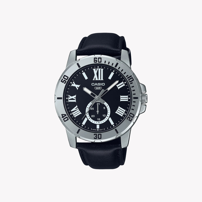 Casio Men's Black Leather Watch, Silver Case | Mtp-Vd200l-1b by i-watch