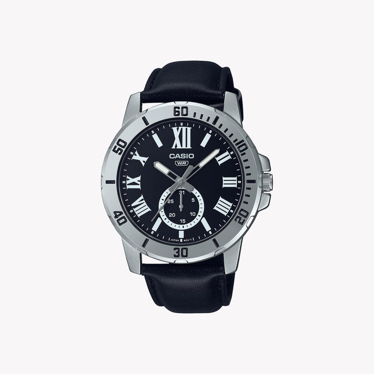 Casio Men's Black Leather Watch, Silver Case | MTP-VD200L-1B