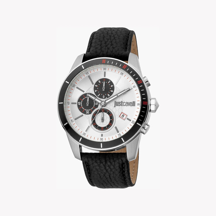 Just Cavalli Men's Black Leather Watch, Silver Dial | JC1G166L0015
