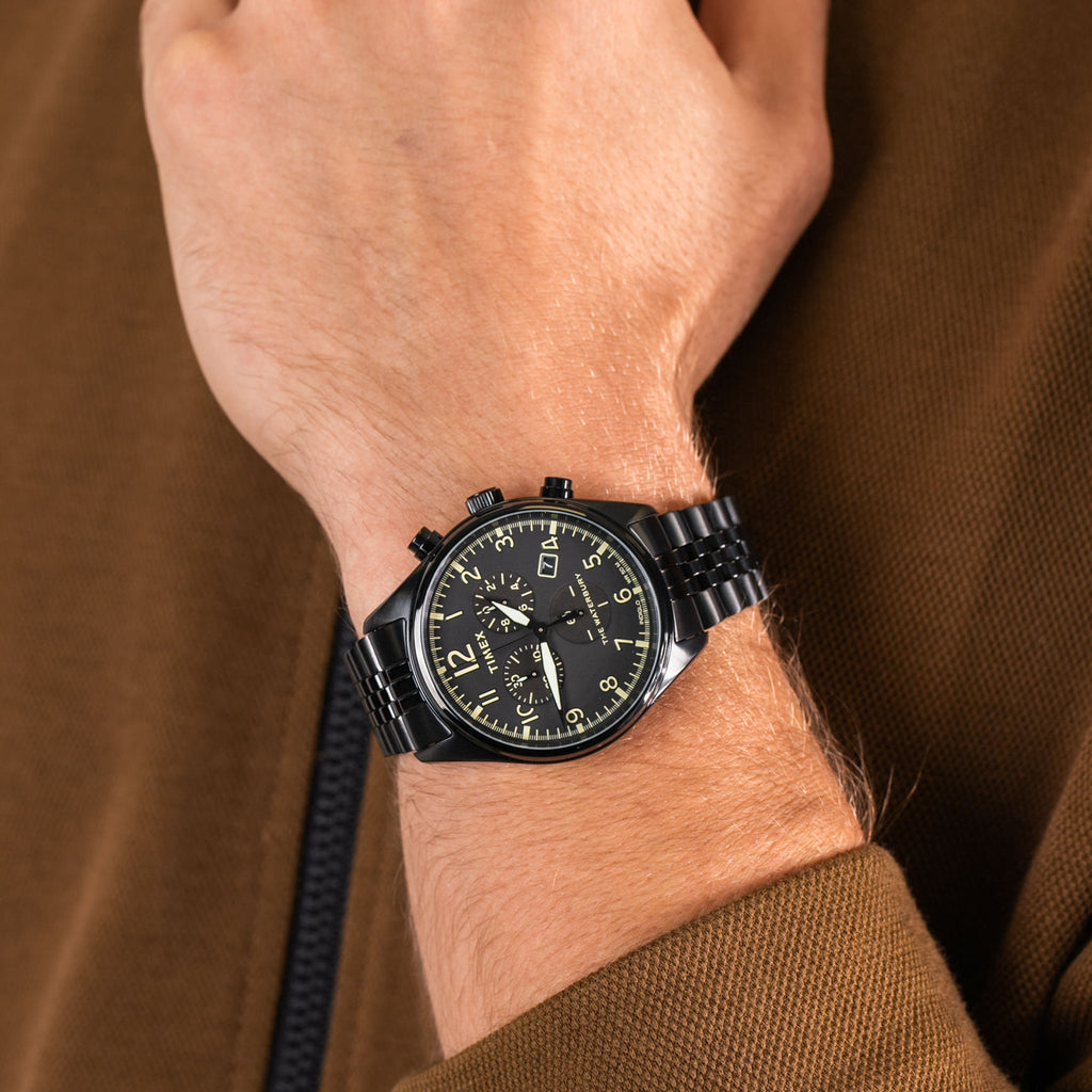 TIMEX Heritage Waterbury TW2R88600 – Herren-Chronographenuhr aus schwarzem Edelstahl mit INDIGLO-Nachtlicht