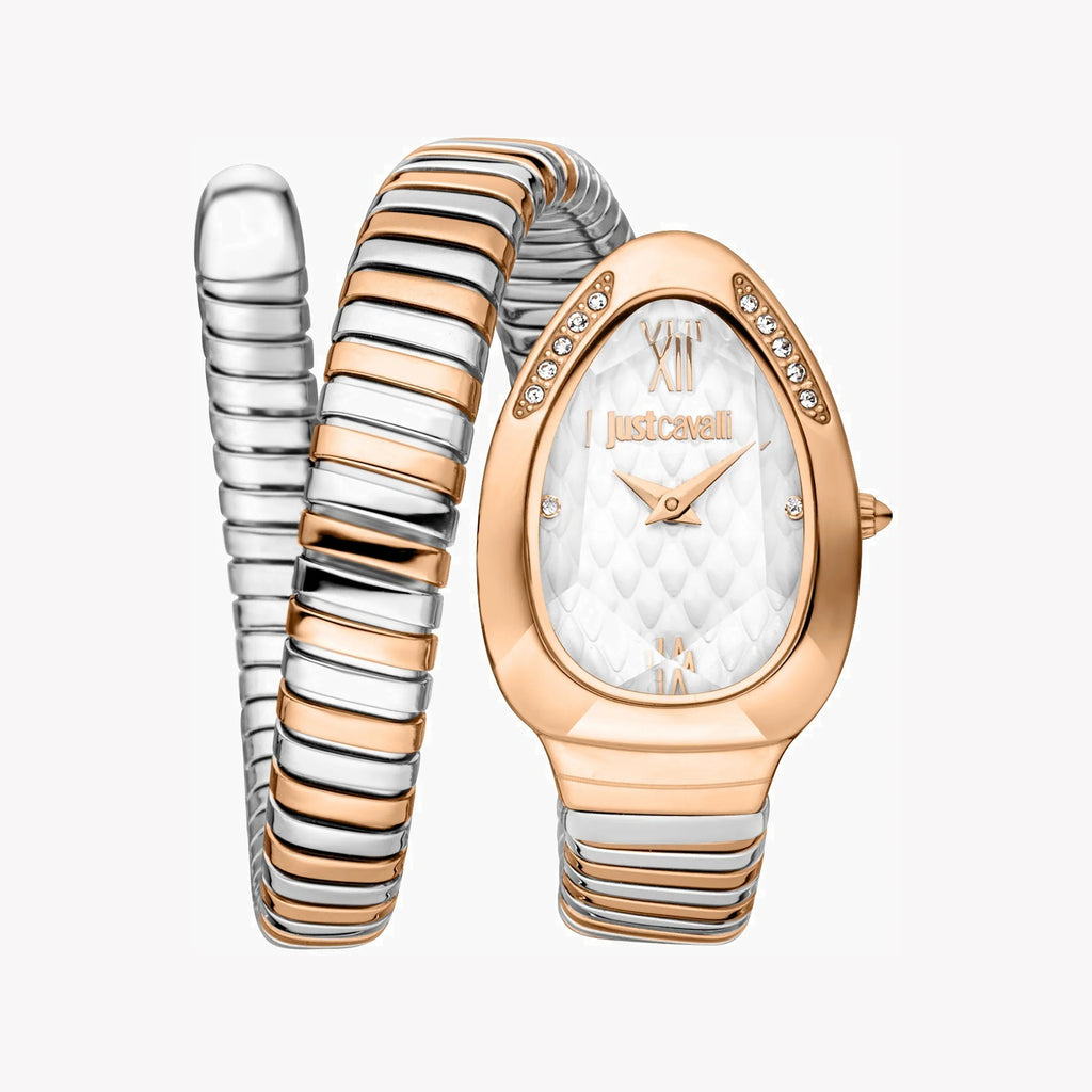 JUST CAVALLI Women's Watch with Rose Gold Stainless Steel Case and Silver & Rose Gold Stainless Steel Band