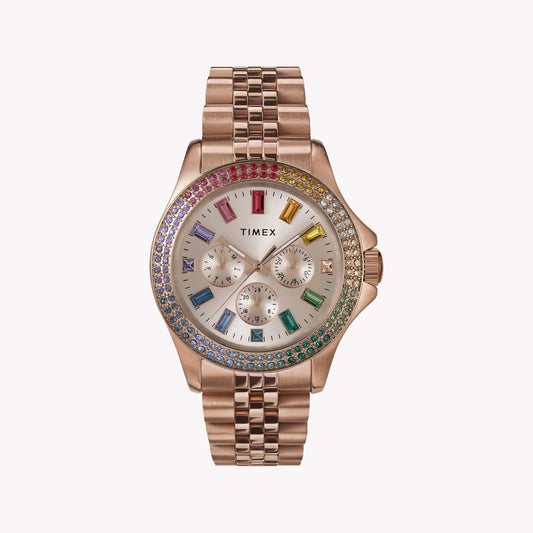 Montre multifonction Timex Kaia tout en or rose avec accents de cristal arc-en-ciel et cadran en or rose TW2W34200 pour femme