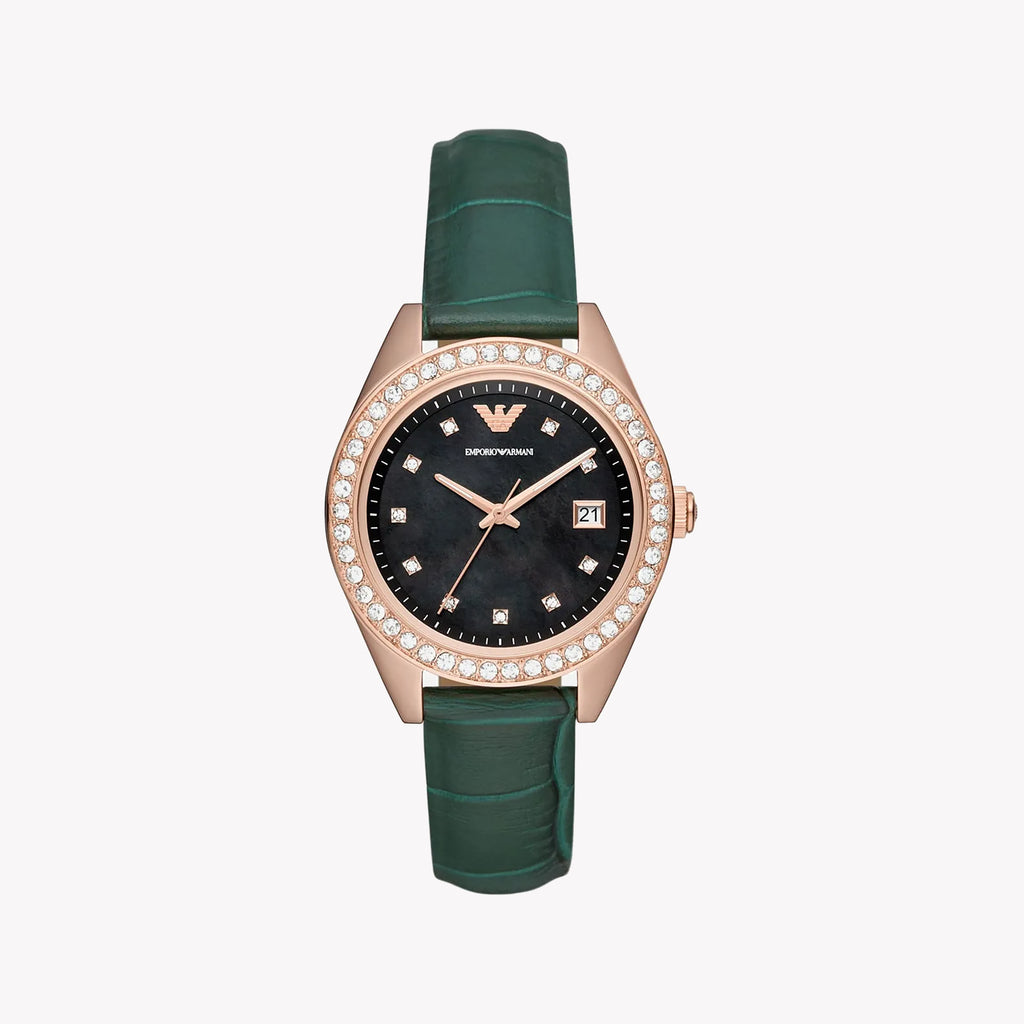 EMPORIO ARMANI AR11506 - ELEGANT ROSE GOLD & GREEN LEATHER WOMEN'S WATCH