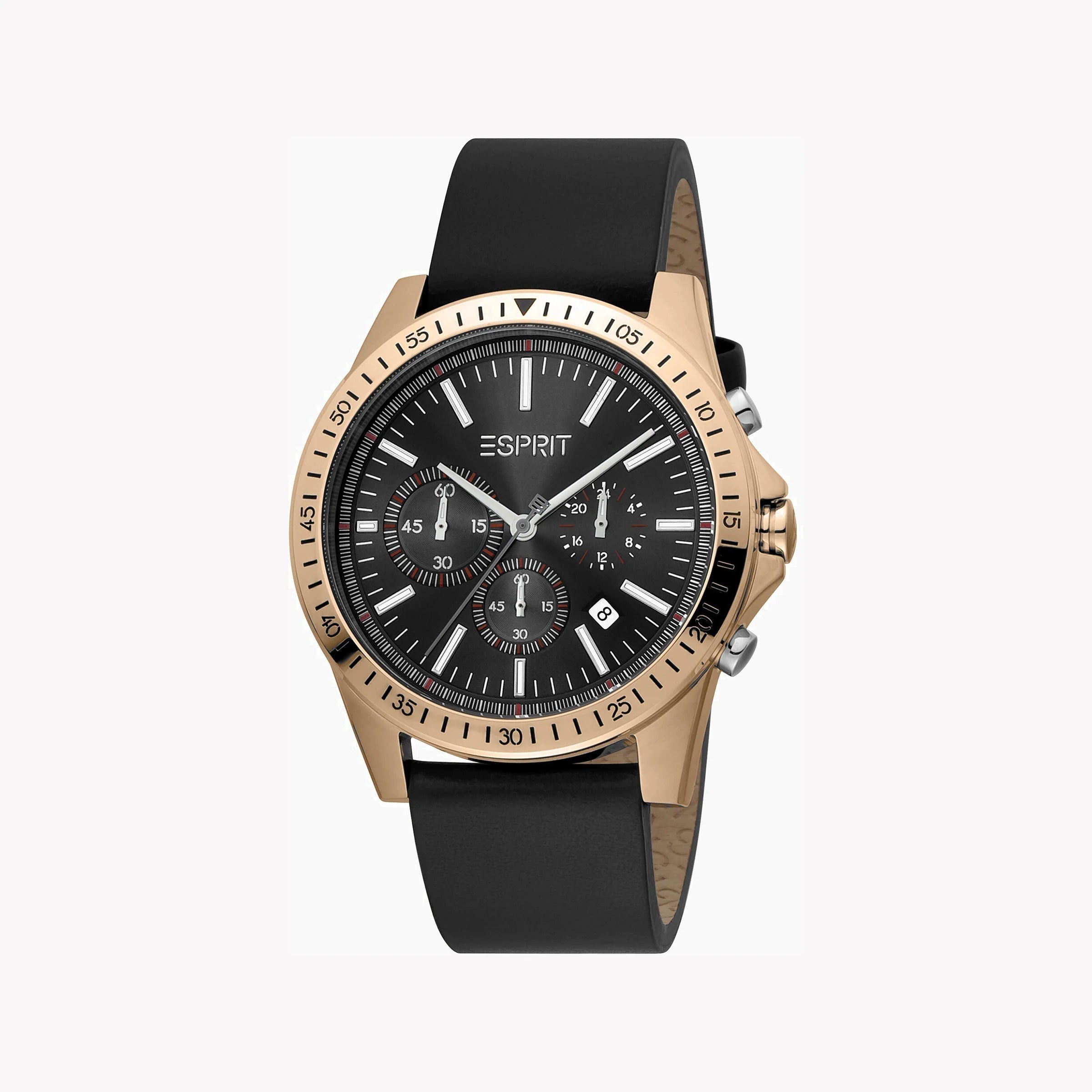 ESPRIT MEN'S TIMEPIECE - BLACK LEATHER & ROSE GOLD STAINLESS STEEL CLASSIC 44MM WATCH