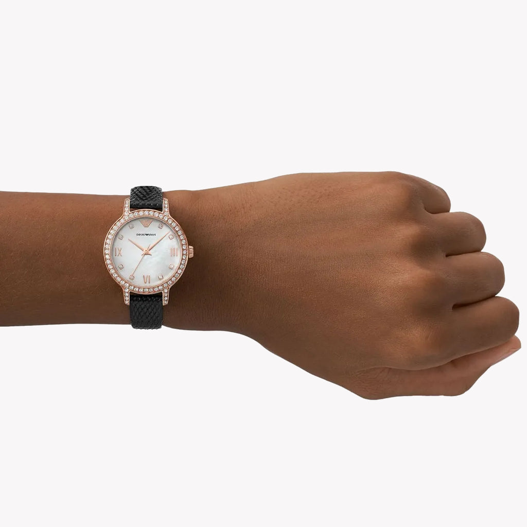 EMPORIO ARMANI AR11485 - ROSE GOLD Elegance & Chic Fusion Women's Watch with Black Leather Band & Silver Dial-i-Watch-4