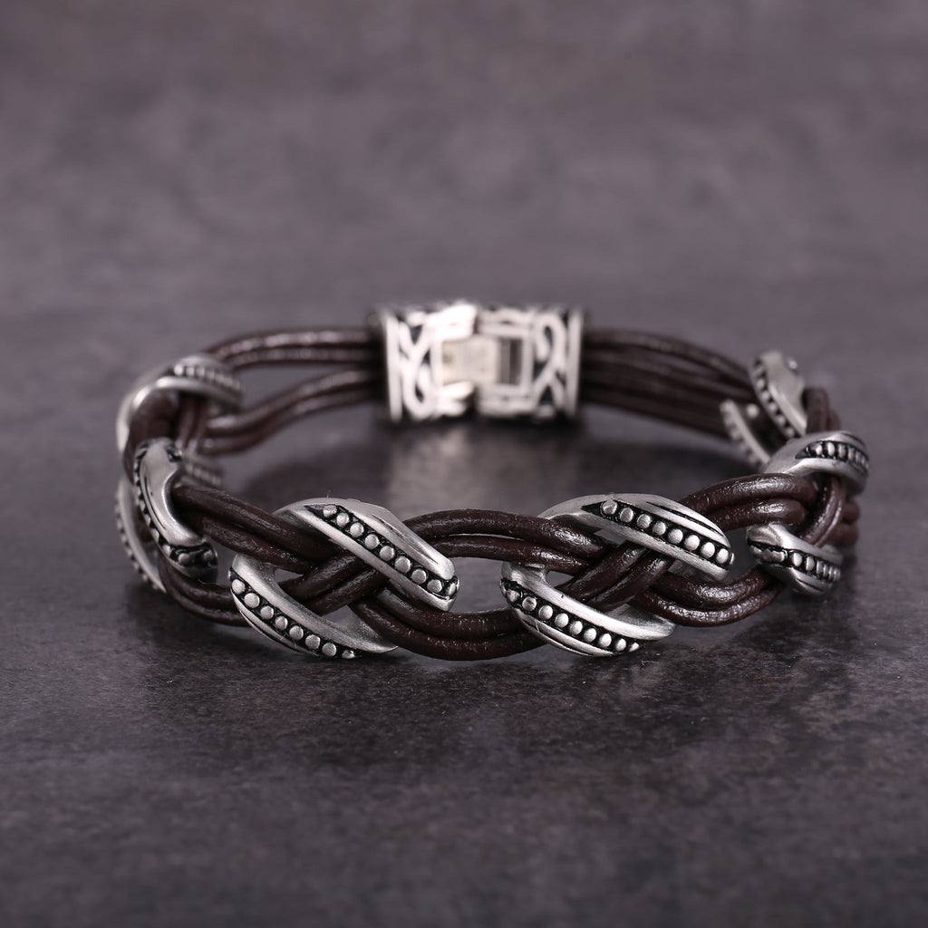 Zink Men's Brown & Silver Stainless Steel & Leather Bracelet | Zjbc03810