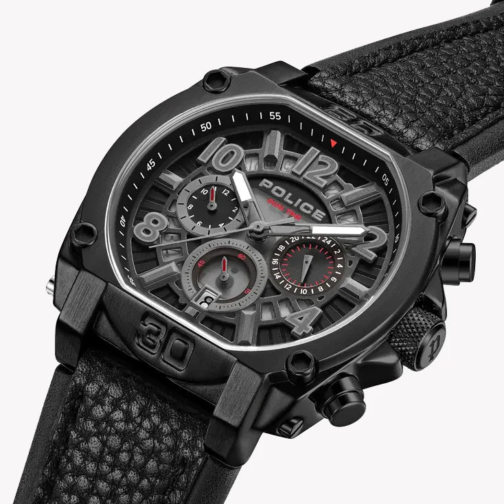 Police Men's Black Leather Watch, Stainless Steel Case | Pewjf0021903 by i-watch