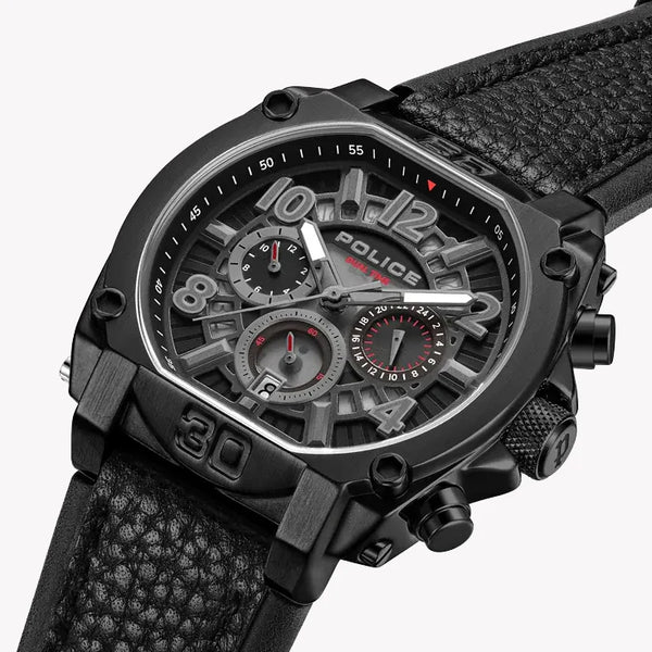 Police Men's Black Leather Watch, Stainless Steel Case | Pewjf0021903 by i-watch