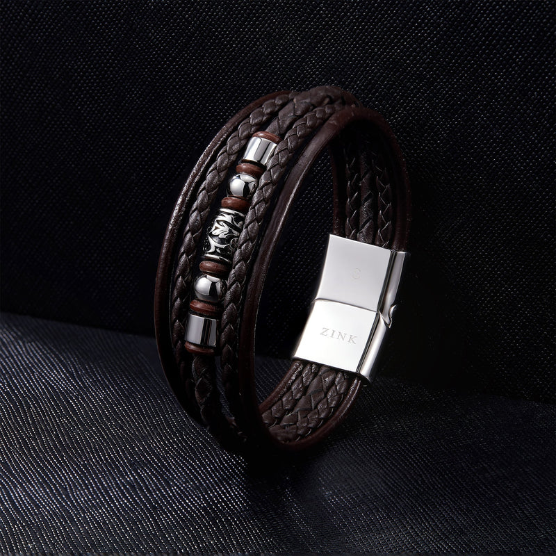 Zink Men's Brown Stainless Steel & Leather Bracelet | Zjbc019lpbr