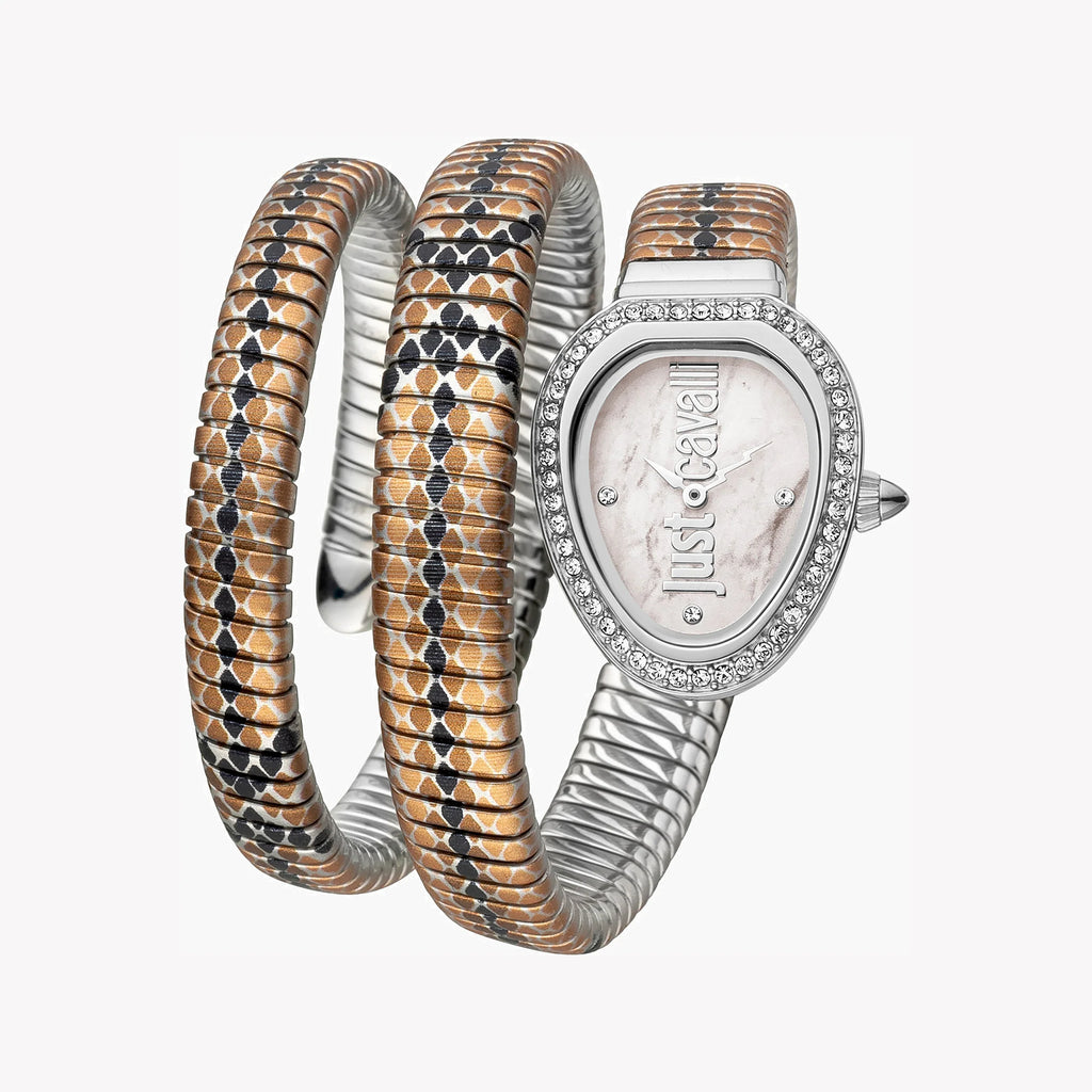 JUST CAVALLI Women's Watch with Silver Stainless Steel Case and Brown & Black & Silver Stainless Steel Band