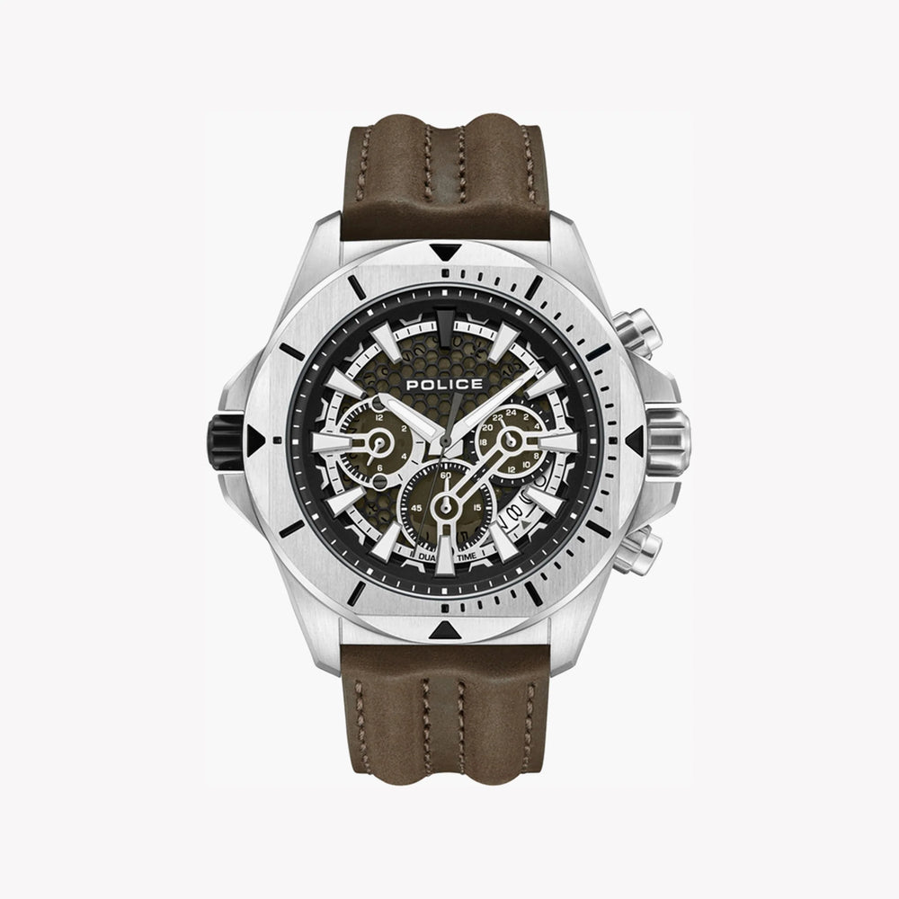 Police Watches Men's Silver Stainless Steel, Brown Silicone | Pewgf0054501 by i-watch
