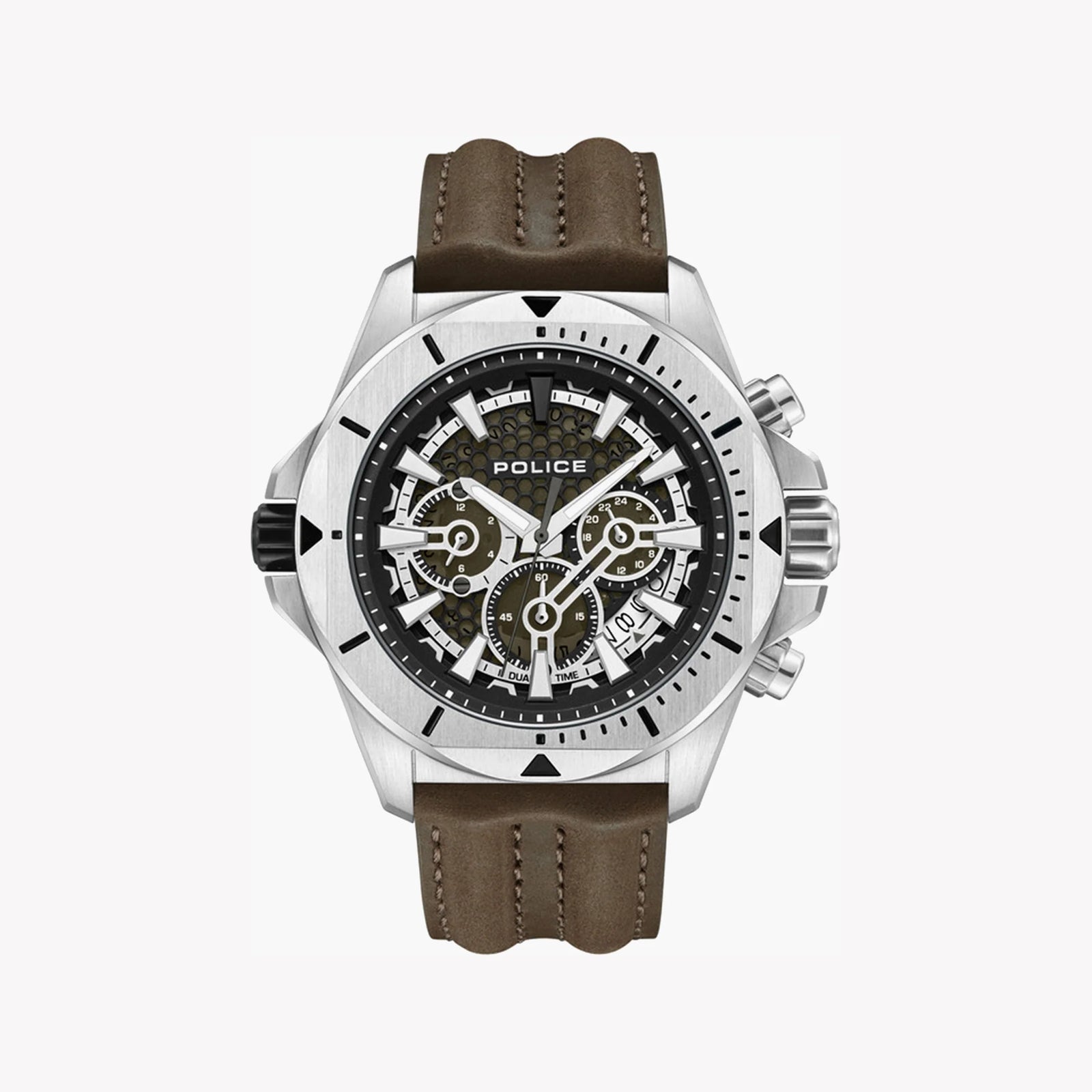 Police Watches Men's Silver Stainless Steel, Brown Silicone | Pewgf0054501 by i-watch