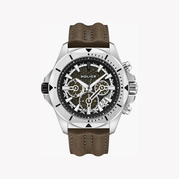 Police Watches Men's Silver Stainless Steel, Brown Silicone | Pewgf0054501 by i-watch
