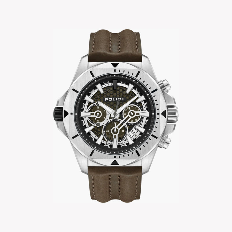 Police Watches Men's Silver Stainless Steel, Brown Silicone | Pewgf0054501 by i-watch