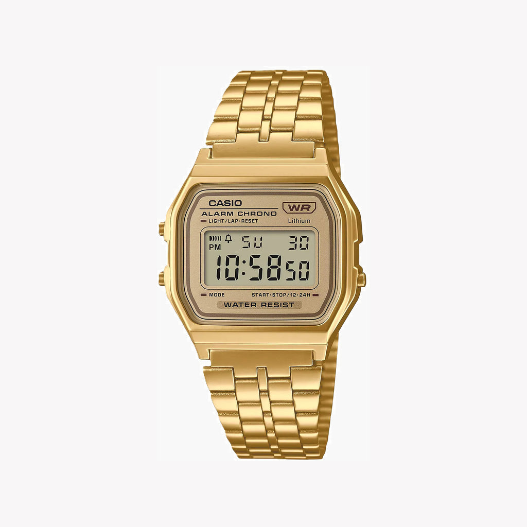 CASIO A158WETG-9AEF SPLASH-PROOF - ELEGANT MINIMALIST UNISEX WRISTWATCH with sleek resin case and multifunctional features.