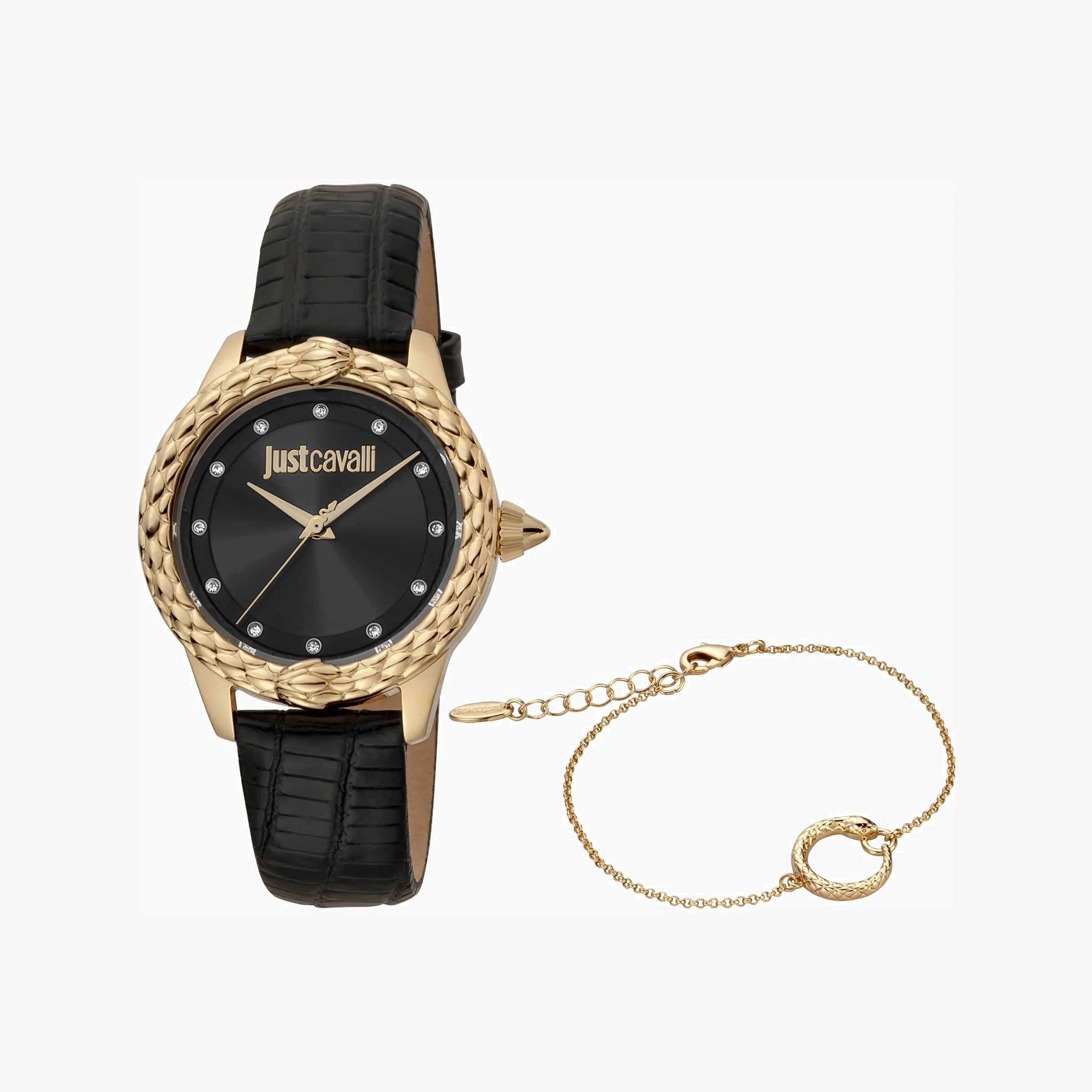 JUST CAVALLI Women's Watch with Gold Stainless Steel Case and Black Leather Band