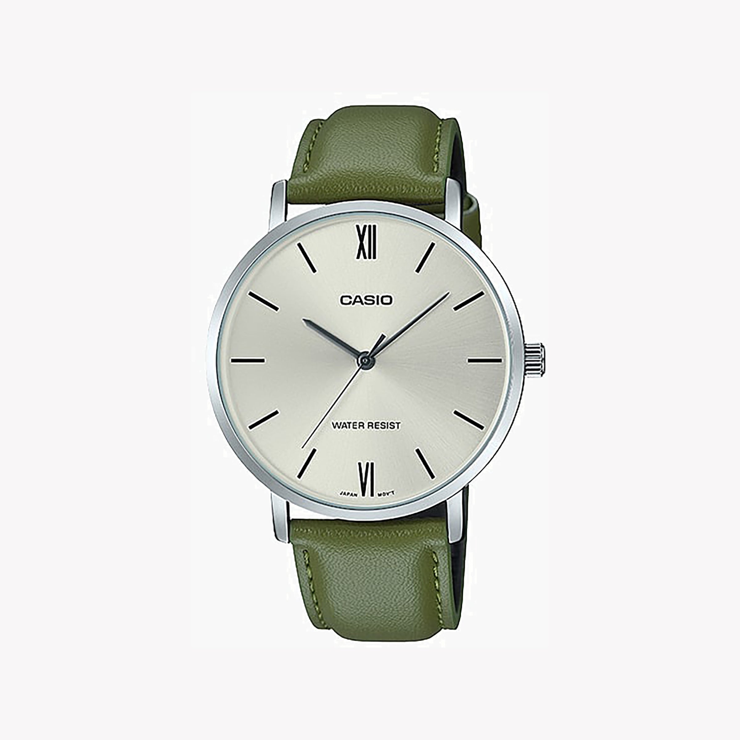 CASIO MTP-VT01L-3B - RUGGED ELEGANCE MEN'S WATCH WITH GREEN LEATHER BAND AND SILVER DIAL-i-Watch-5