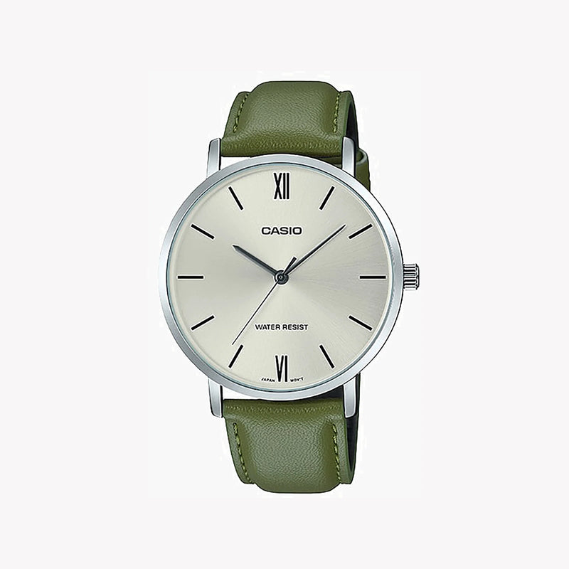 Casio Men's Green Leather Watch, Silver Dial | Mtp-Vt01l-3b by i-watch