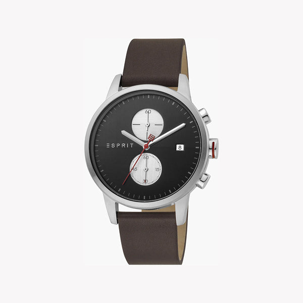 ESPRIT MEN'S ELEGANCE - STUNNING BROWN LEATHER & BLACK DIAL STAINLESS STEEL WATCH