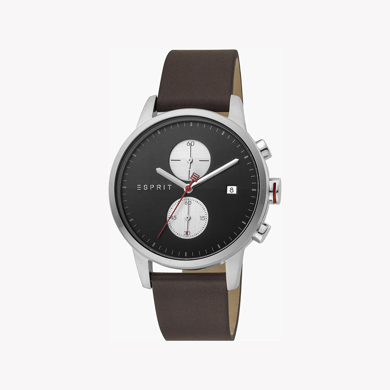ESPRIT MEN'S ELEGANCE - STUNNING BROWN LEATHER & BLACK DIAL STAINLESS STEEL WATCH