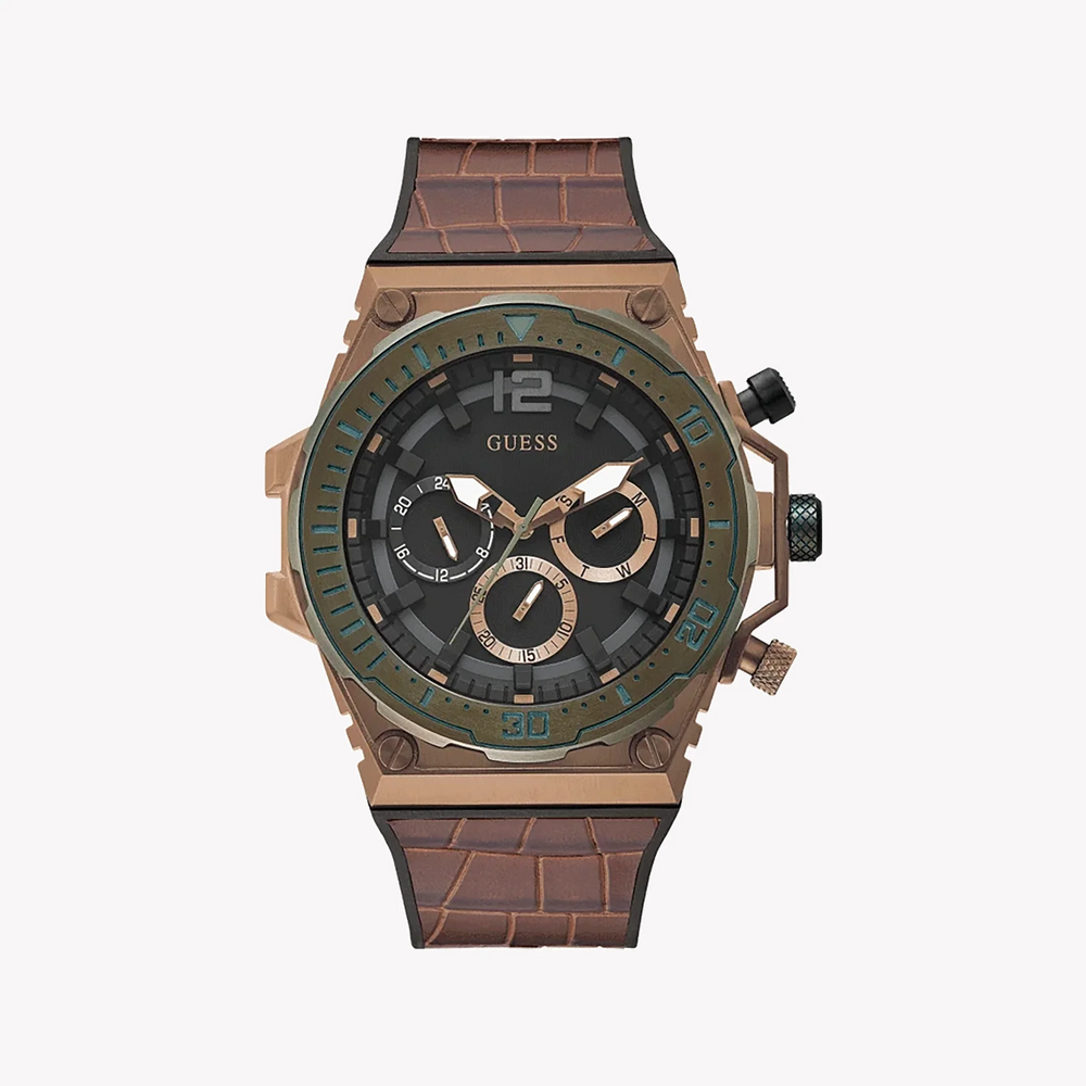 GUESS GW0326G2 ROSE GOLD STUNNER - MEN'S FASHION TIMEPIECE WITH LEATHER BAND & GREY DIAL