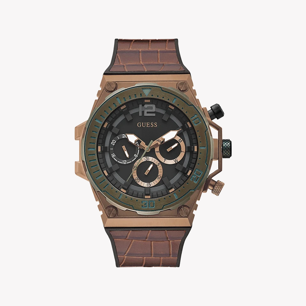 GUESS GW0326G2 ROSE GOLD STUNNER - MEN'S FASHION TIMEPIECE WITH LEATHER BAND & GREY DIAL