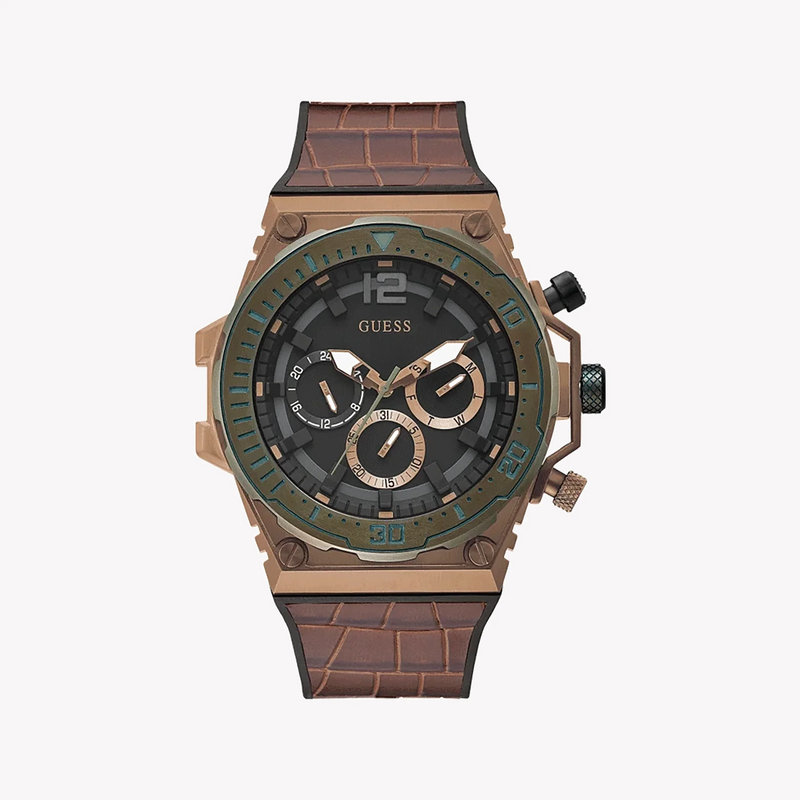 GUESS GW0326G2 ROSE GOLD STUNNER - MEN'S FASHION TIMEPIECE WITH LEATHER BAND & GREY DIAL