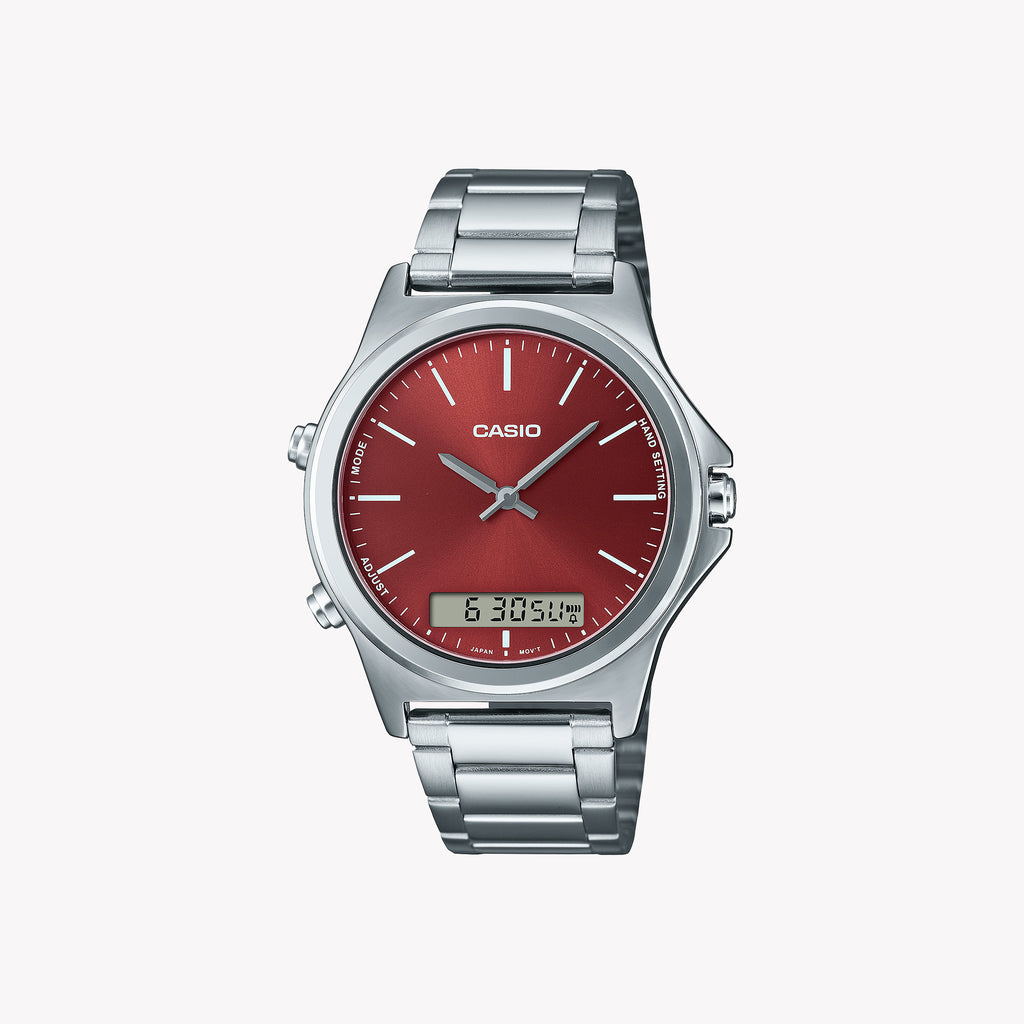CASIO MTP-VC01D-5E - DYNAMIC SPORTY ELEGANCE MEN'S WATCH WITH RED DIAL & STAINLESS STEEL BAND