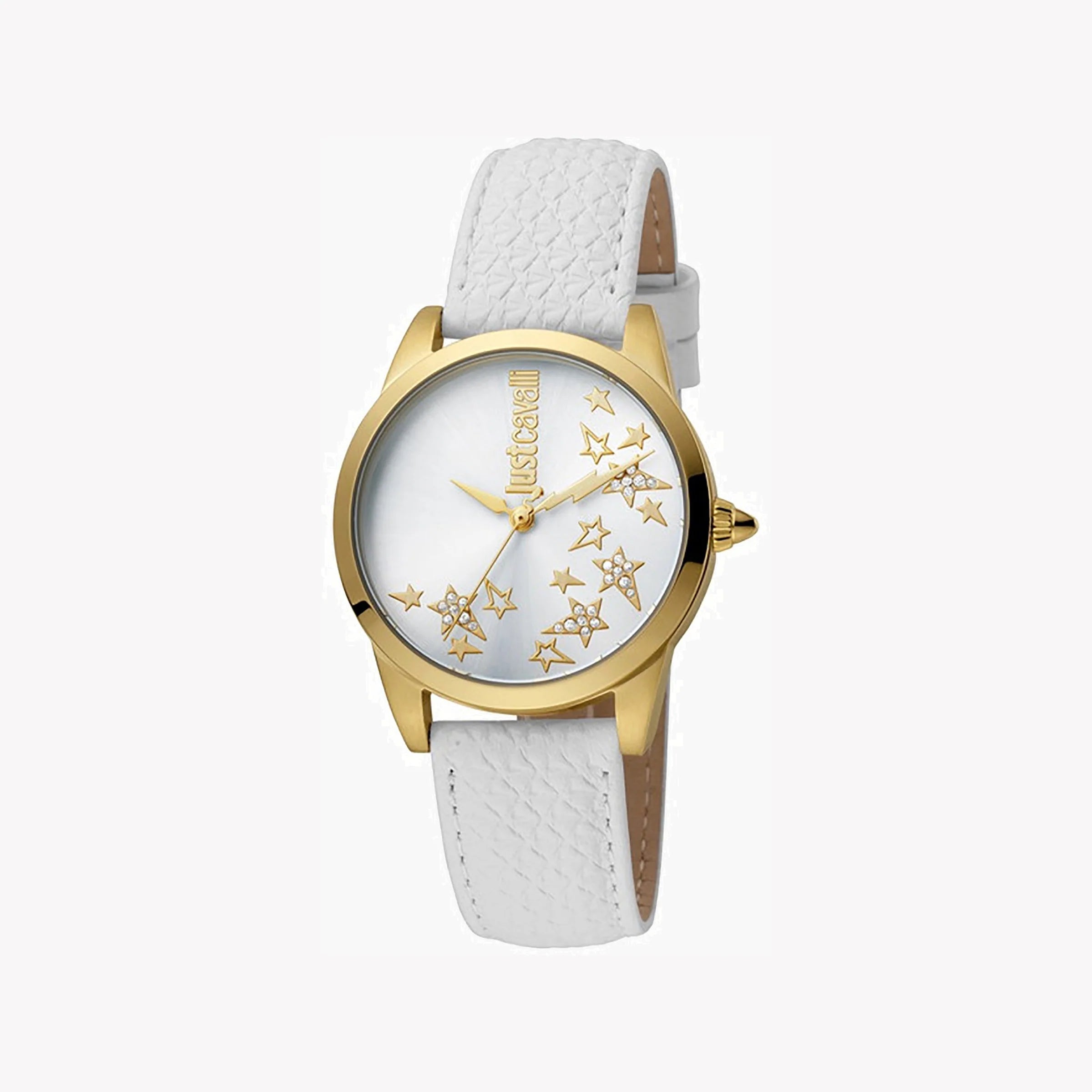 JUST CAVALLI Women's Watch with Gold Stainless Steel Case and White Leather Band