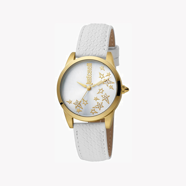 JUST CAVALLI Women's Watch with Gold Stainless Steel Case and White Leather Band