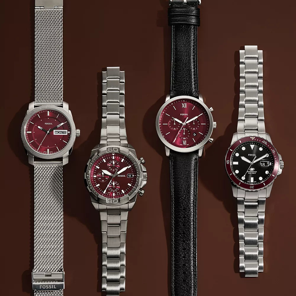 FOSSIL FS6014 MEN’S WATCH - ELEGANT BURGUNDY DIAL WITH SILVER MESH STRAP-i-Watch-5