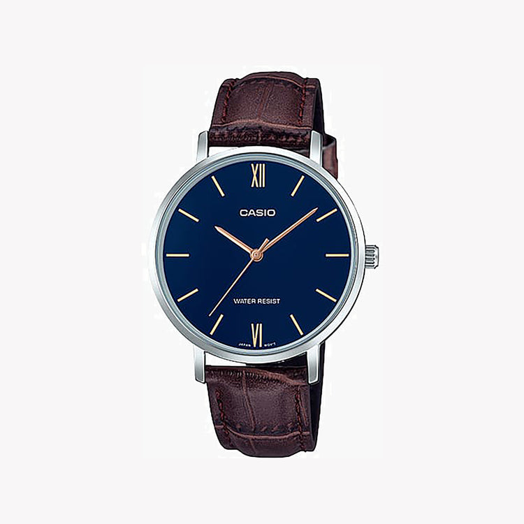 Casio Men's Blue Dial Watch, Brown Leather Band | LTP-VT01L-2B