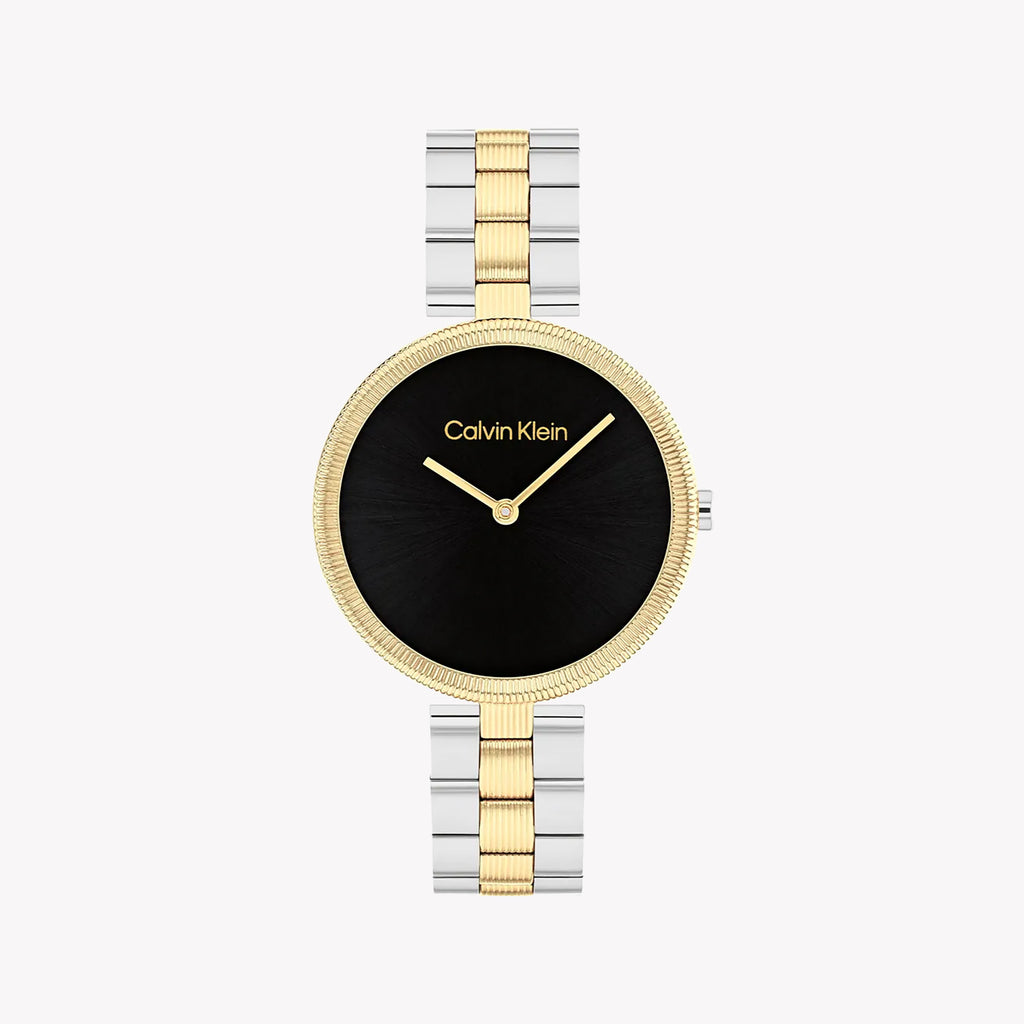 CK CALVIN KLEIN NEW COLLECTION - ELEGANT SLEEK SILVER & GOLD WOMEN'S WATCH with BOLD BLACK DIAL & 3 ATM WATER RESISTANCE
