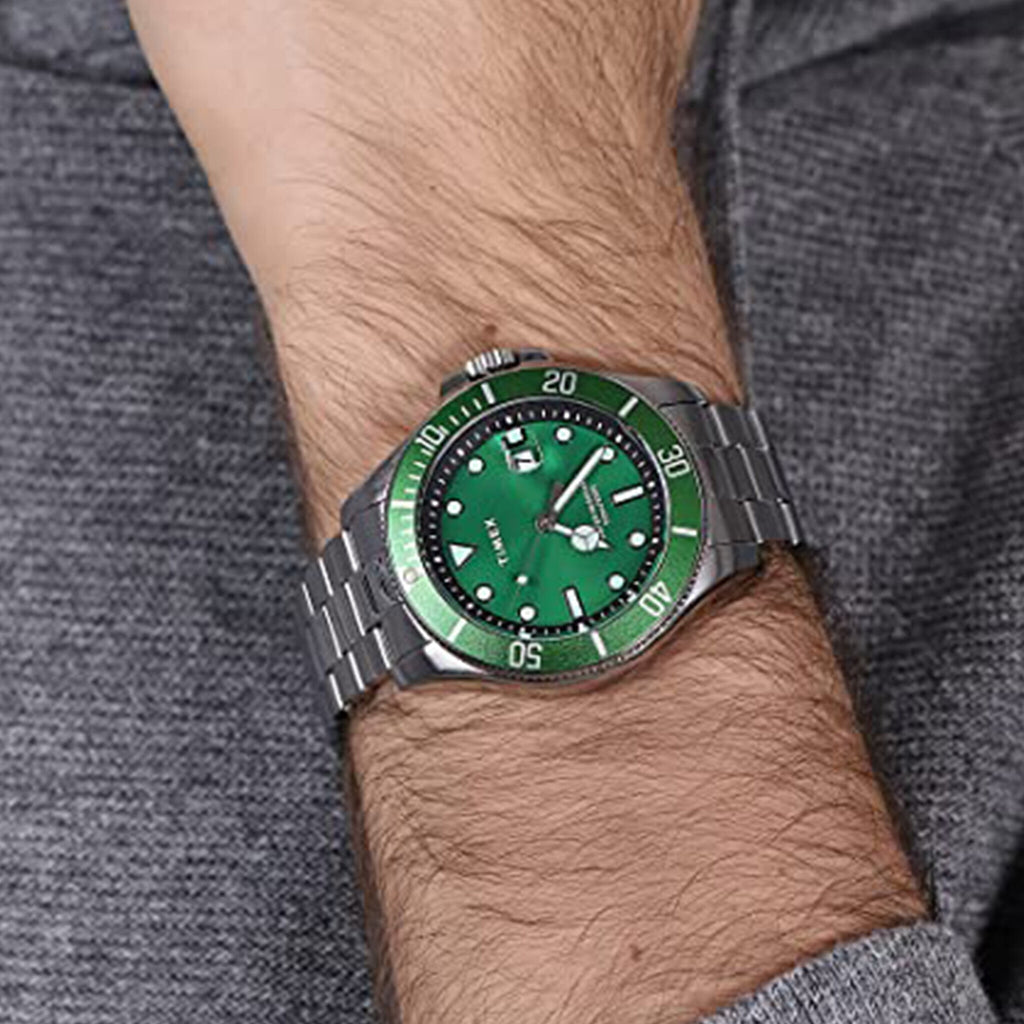 TIMEX Herrenuhr Harbourside Coast TW2U72000 – Stilvolle Uhr mit grünem Zifferblatt und silbernem Edelstahl