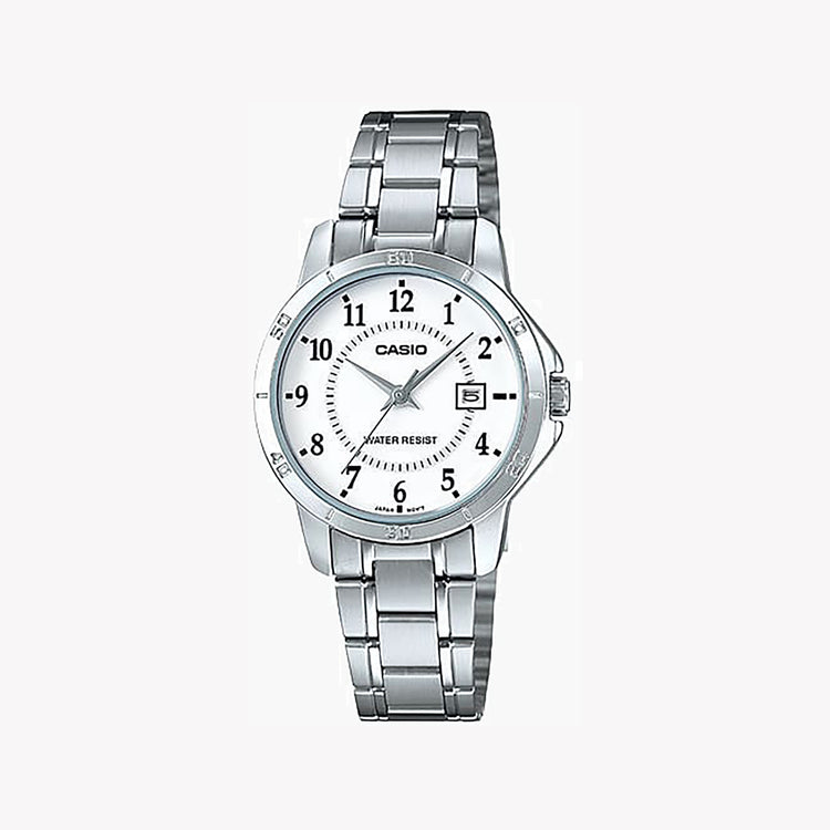 Casio Women's Silver Stainless Steel Watch, White Dial | LTP-V004D-7B