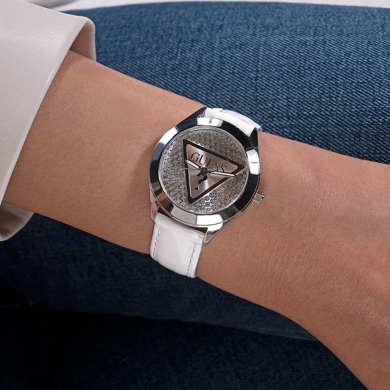 Guess Women's Silver Stainless Steel Watch, White Leather | Gw0745l3 by i-watch