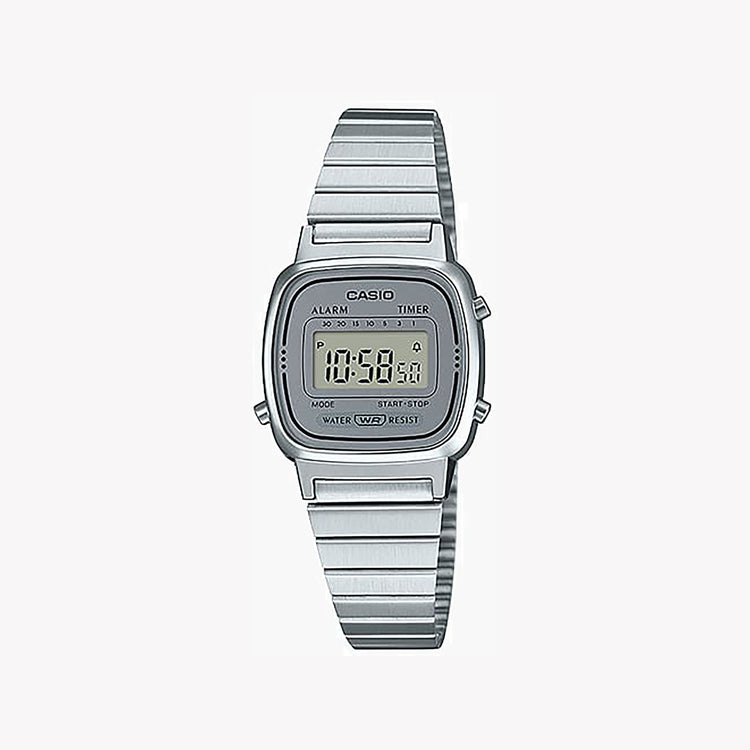 CASIO LA670WA-7DF RETRO ELEGANCE - SPORTY SOPHISTICATION Women's Watch with sleek digital display and stainless steel band.