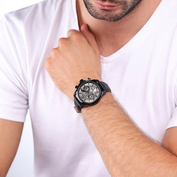 Bold Identity Men's Black Stainless Steel Watch, Black Leather | Pewjf0004303 by i-watch