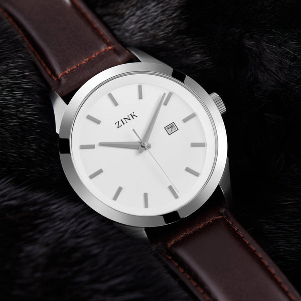 Zink Zk133g1ls-12 Elegant Timepiece - Bold Silver Dial & Luxurious Brown Leather Band Men's Watch by i-watch