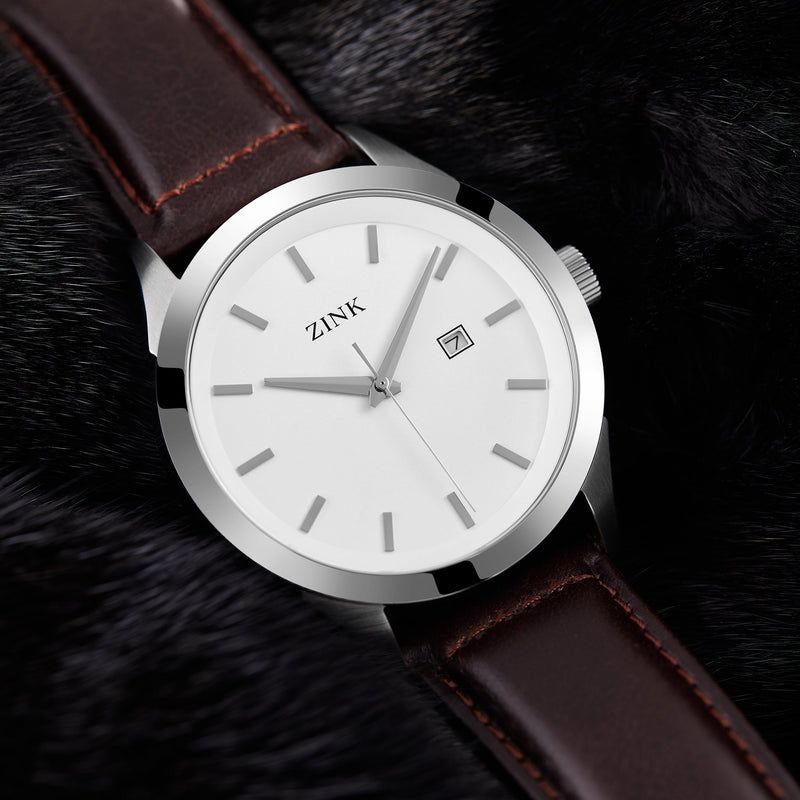 Zink Zk133g1ls-12 Elegant Timepiece - Bold Silver Dial & Luxurious Brown Leather Band Men's Watch by i-watch