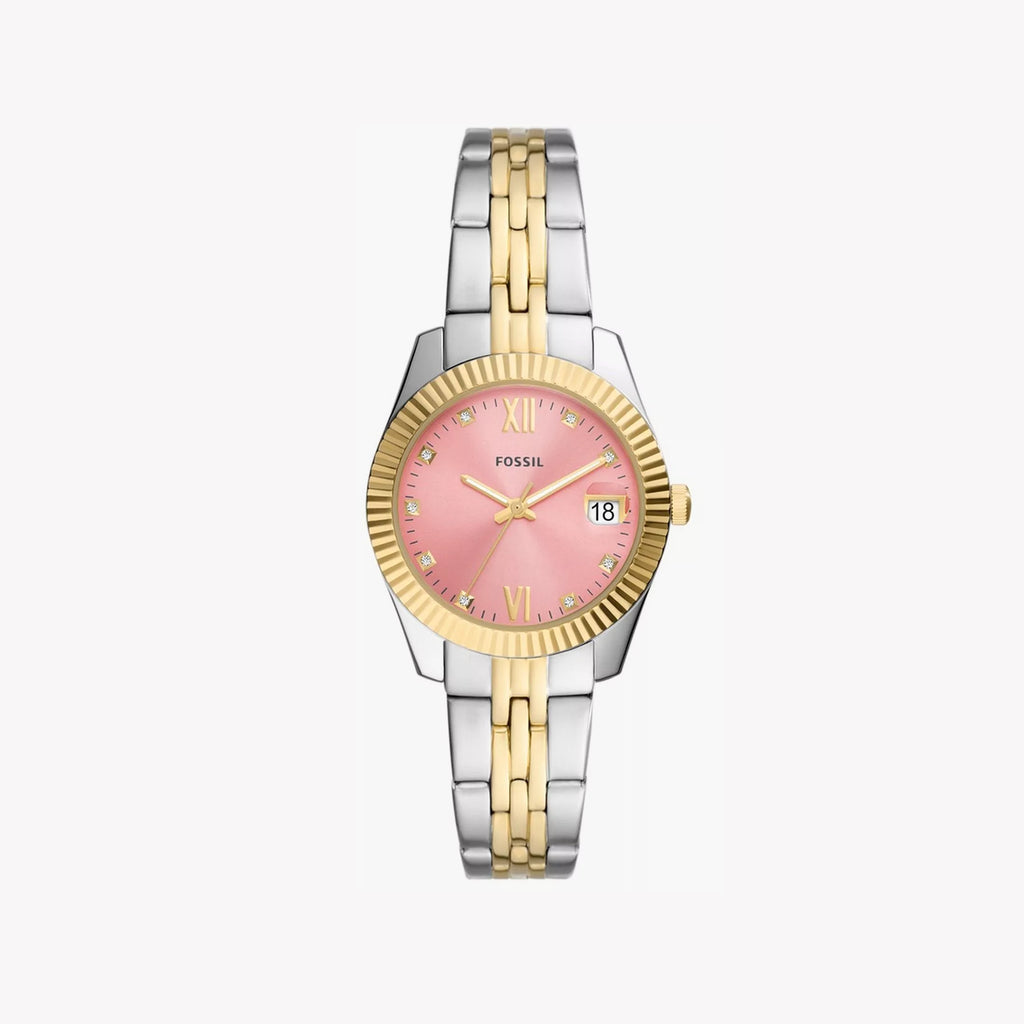 FOSSIL ES5173 CHIC ELEGANCE - STUNNING GOLD & PINK WOMEN'S WATCH WITH SILVER LEATHER BAND