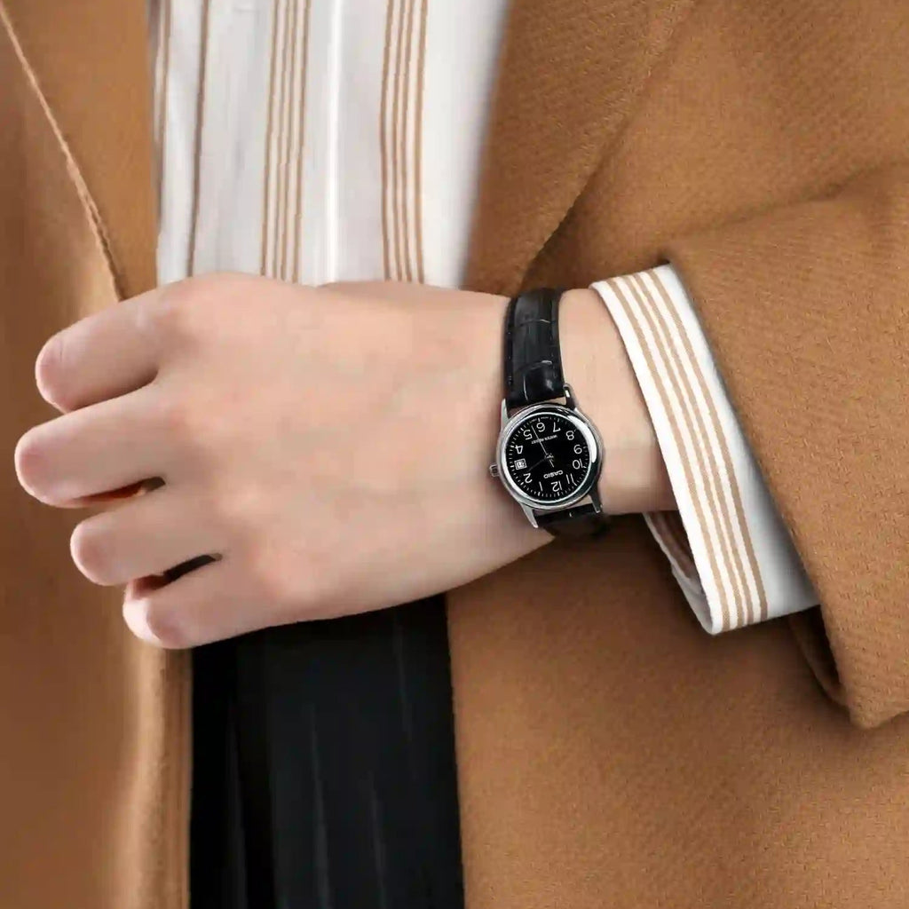 CASIO Women's Watch with Silver Stainless Steel Case and Black Leather Band-i-Watch-2