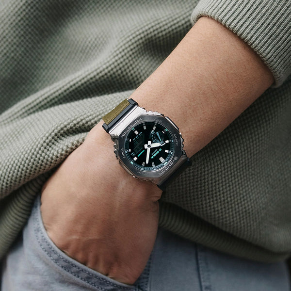 G-Shock Men's Green Fabric Watch, Silver Case | Gm-2100cb-3adr by i-watch