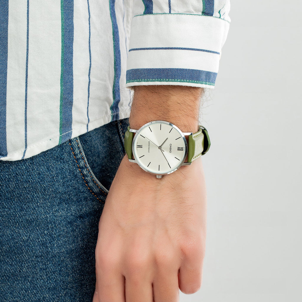 CASIO MTP-VT01L-3B - RUGGED ELEGANCE MEN'S WATCH WITH GREEN LEATHER BAND AND SILVER DIAL-i-Watch-6