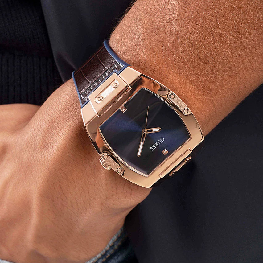 GUESS GW0386G2 - ELEGANT ROSE GOLD MEN'S WATCH WITH BROWN LEATHER BAND & BLUE DIAL-i-Watch-4