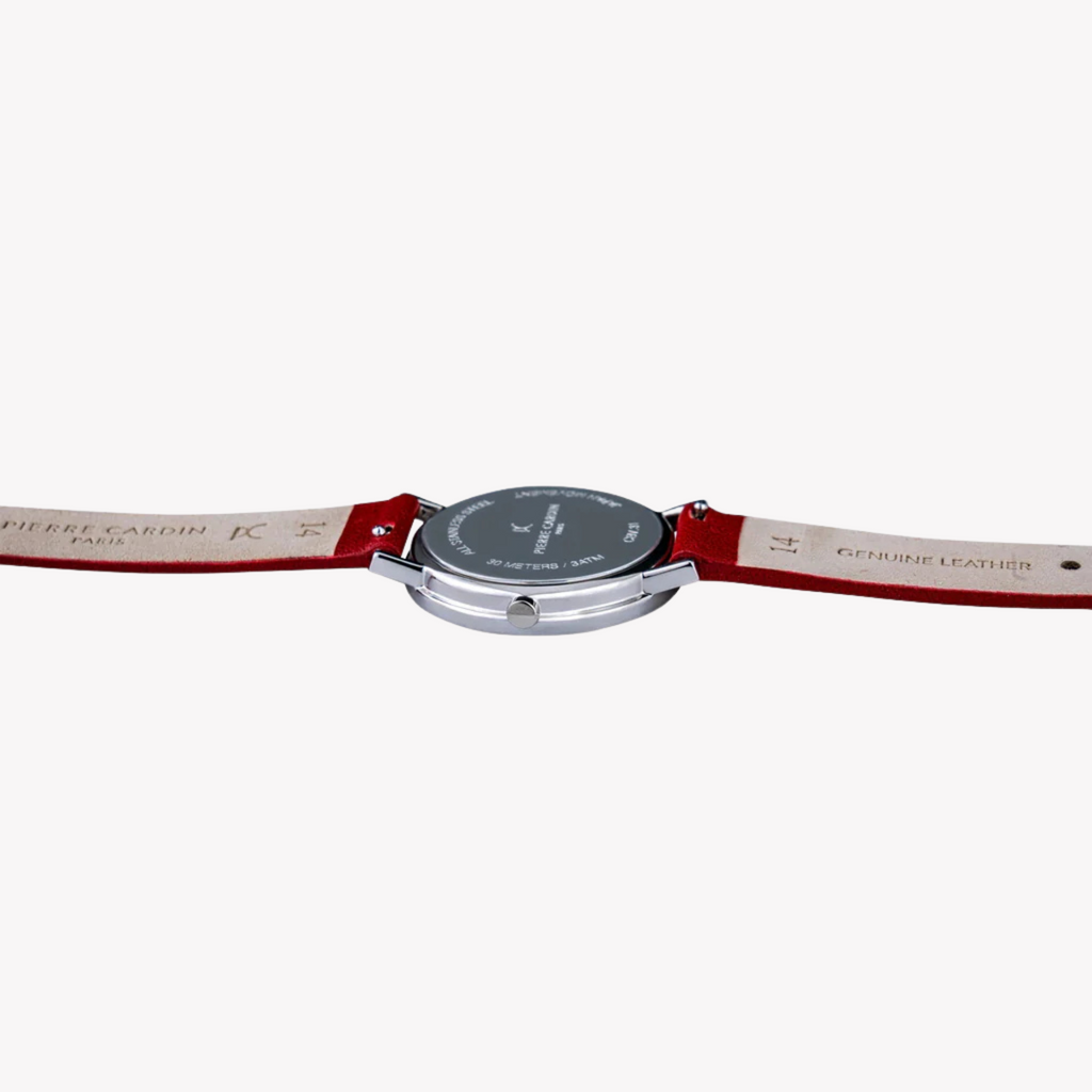 Montre femme PIERRE CARDIN avec boîtier en acier inoxydable argenté et bracelet en cuir rouge