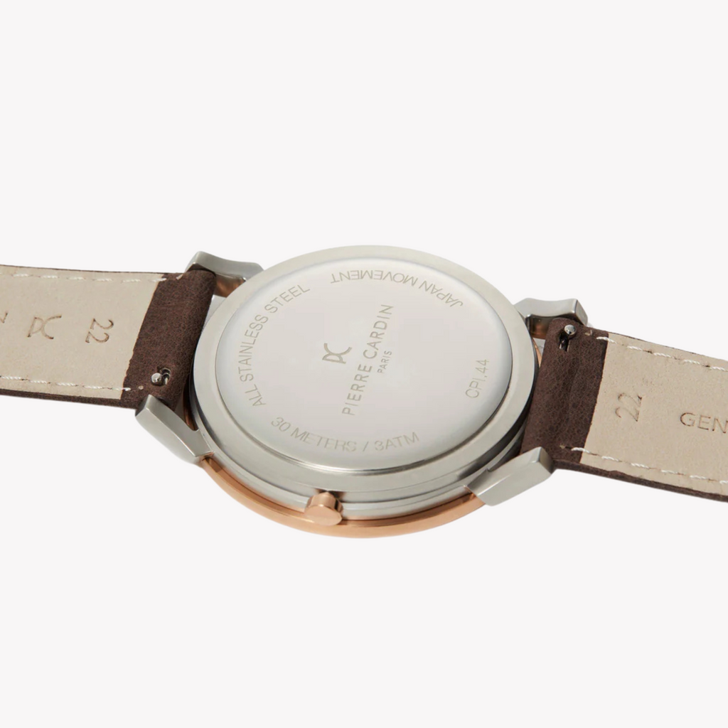 ساعة بيير كاردان الأنيقة - ساعة رجالية دائرية بمينا فضي وذهبي وردي