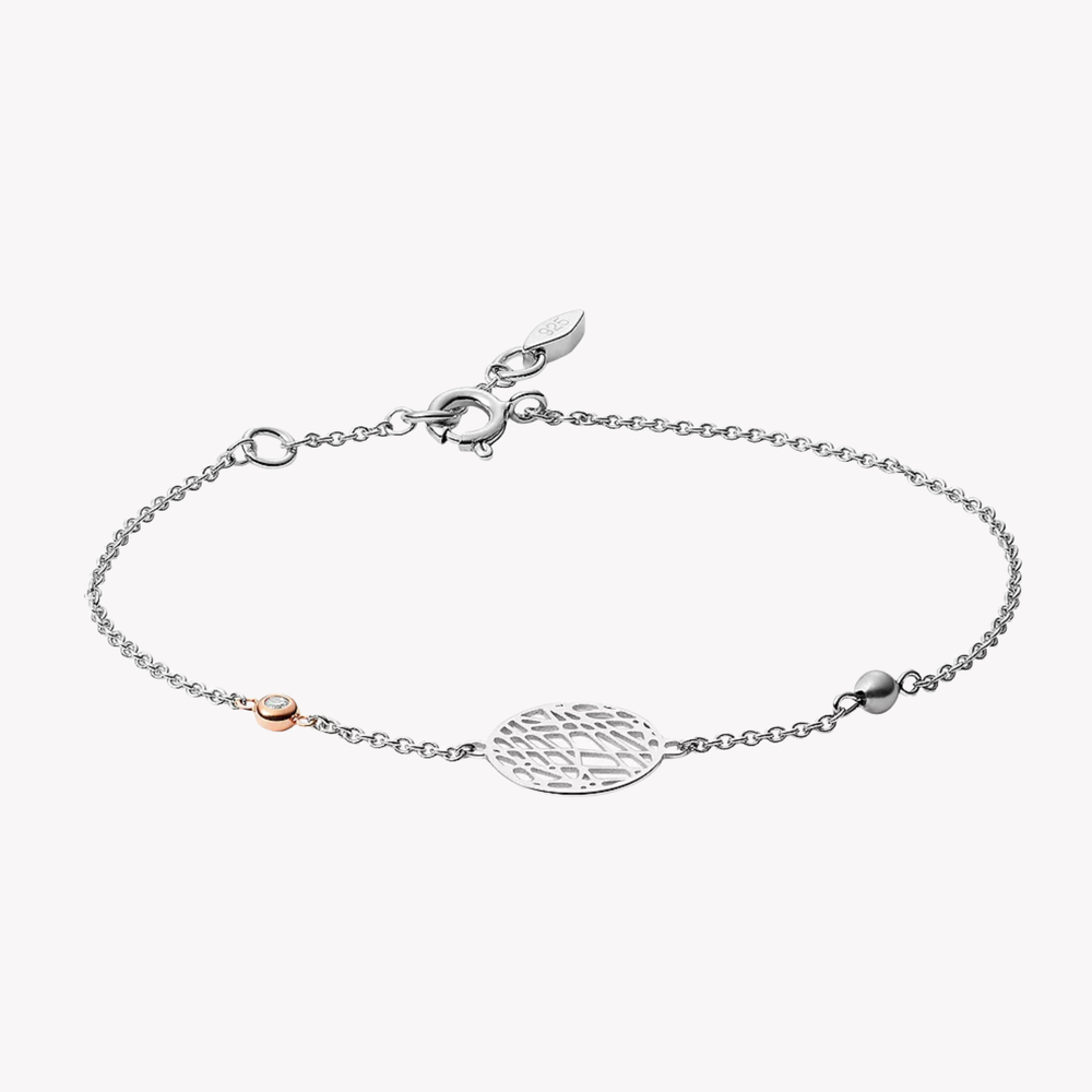 Fossil Women's Silver & Rose Gold Bracelet, Abstract Cutout Charm with Glitz Accents | JFS00487998