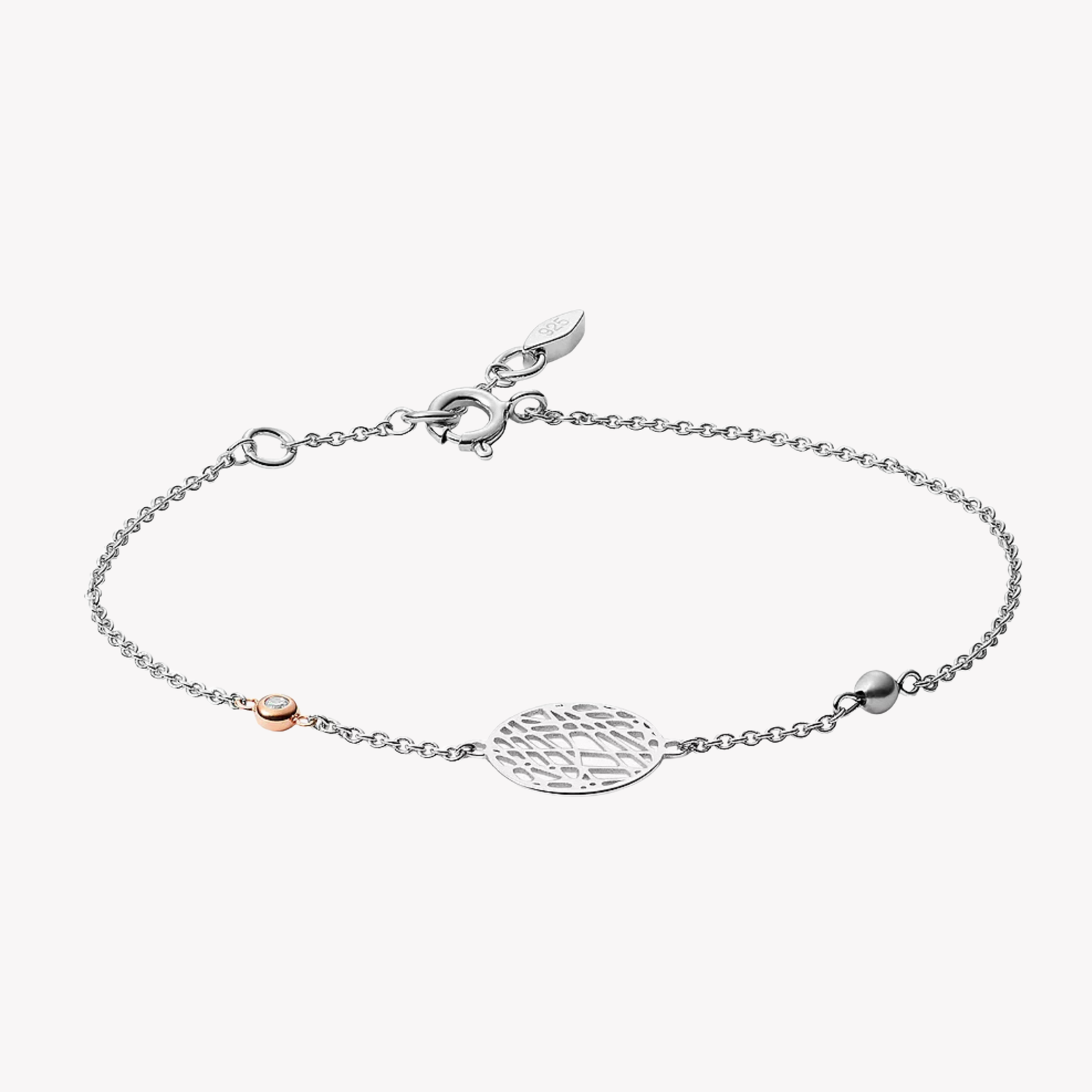 Fossil Women's Silver & Rose Gold Bracelet, Abstract Cutout Charm with Glitz Accents | JFS00487998